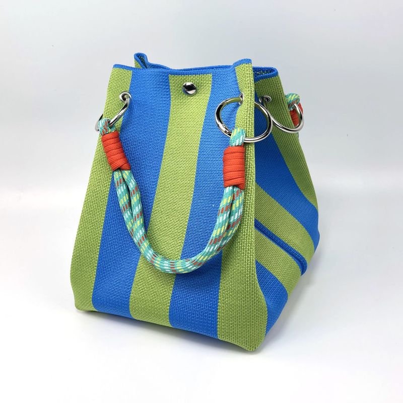 Striped Fashion Elegant Flower Pattern Durable Waterproof Large Capacity Knitted Crochet Travel Bucket Shopping alternate view