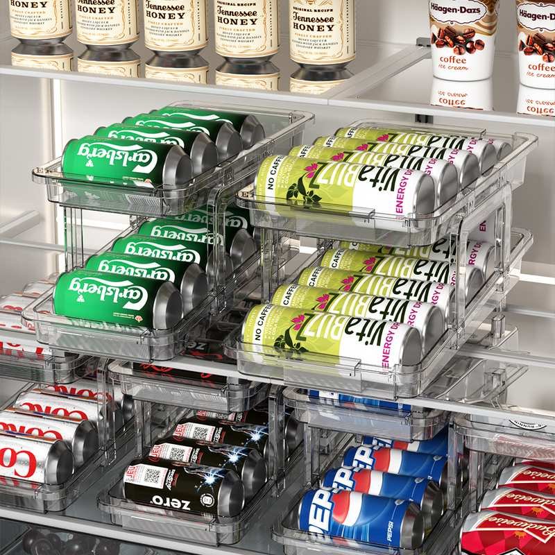 Clear Beverage Dispenser Plastic Drink Organizer Stackable Can Holder Double Rolling Soda Can Dispenser for Pantry 3