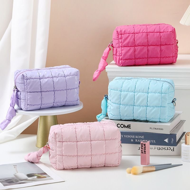 Autumn Winter Octagonal Makeup Bag for Women, Portable Travel Handle, Luxury Puffy Down-filled Storage Bag