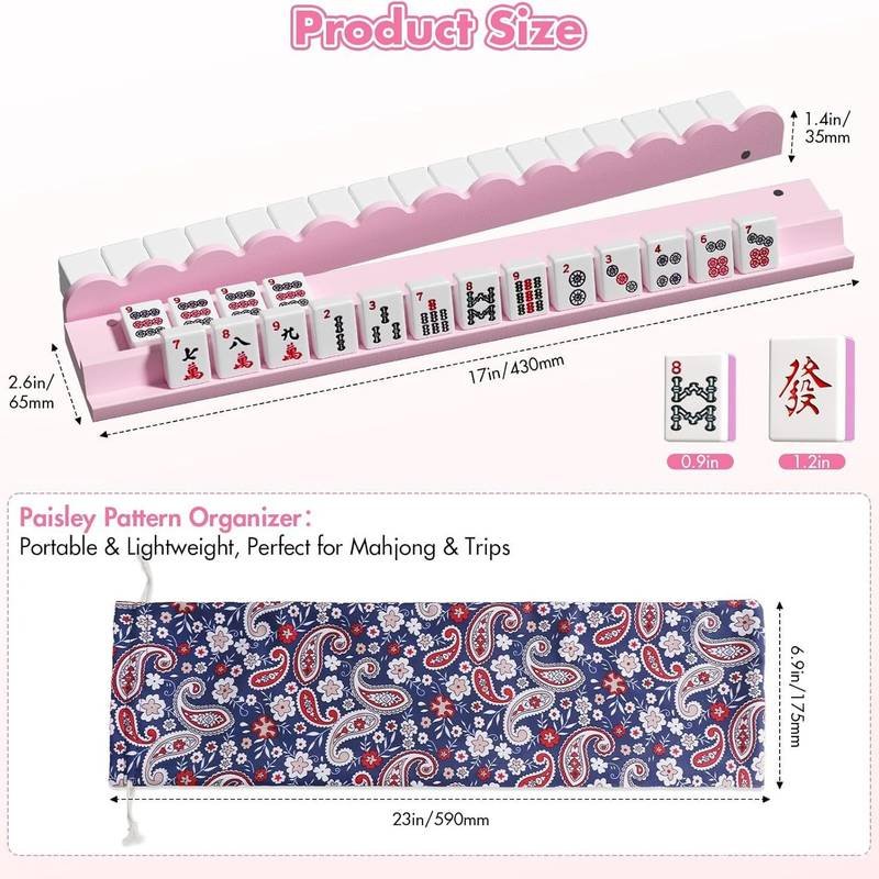 Set of 4 Pink Wooden Mahjong Racks, Scalloped Edge Mahjong Tile Holders with Storage Bag, Portable Mahjong Game alternate view