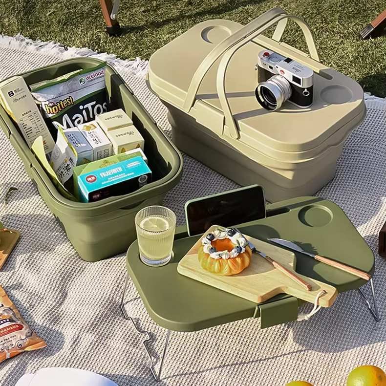 Portable Picnic Basket Camping Outdoor Collapsible Picnic Tableware Basket with Lid Table Plastic Storage Bins