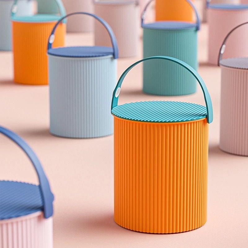 Portable PP Material Storage Bucket with Lid Light Color Bathing Stool Thickened Plastic for Bathroom Laundry