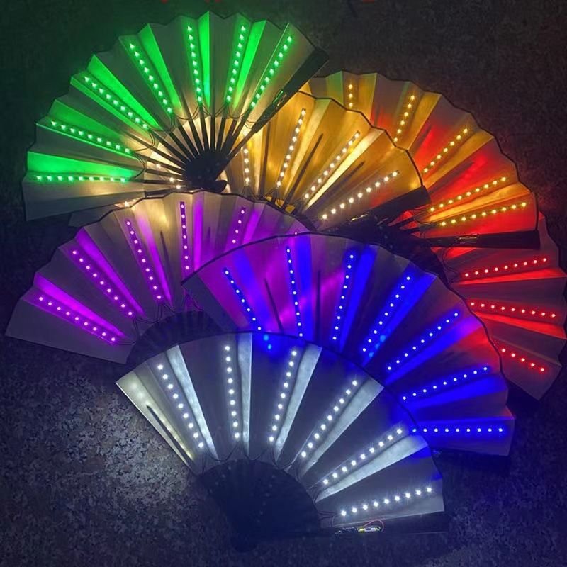Led Folding Clack Hand Fan Custom Logo Led Hand Fan Folding Light up Bamboo Decorative Rave Flash Fan for Party