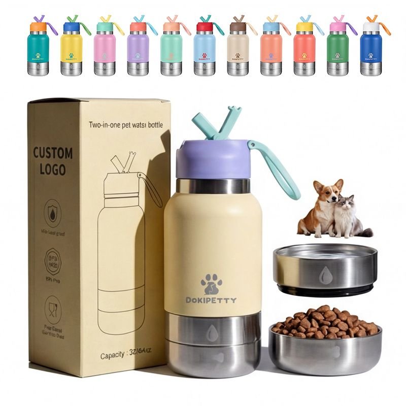 32oz Functional Stainless Steel Dog Water Bottle with Detachable Water and Food Bowls, Portable Pet Feeder for