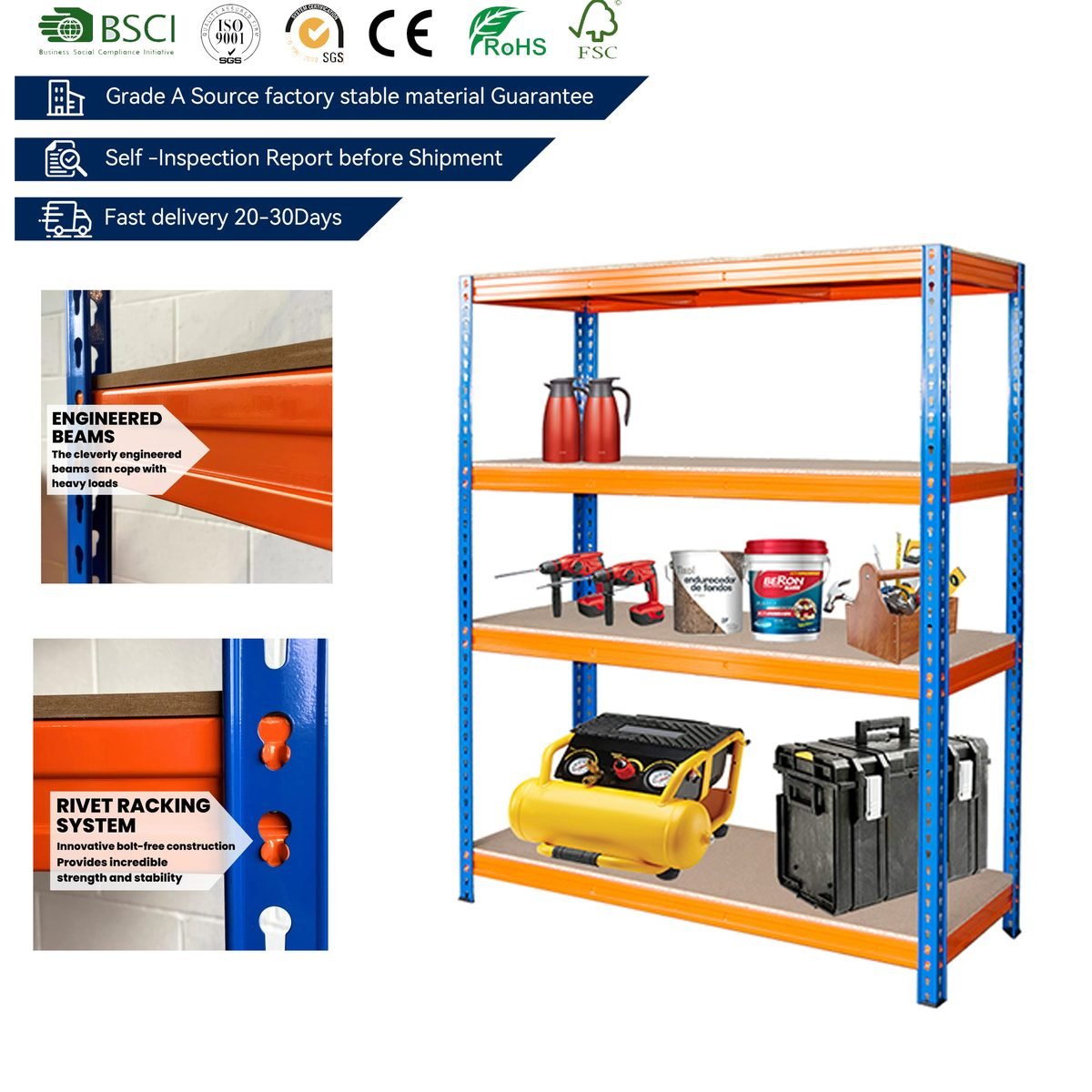 Industrial 5-Level Steel Shelving System, Powder Coated High-Capacity Adjustable Rack 3