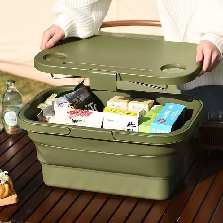 Collapsible Outdoor Picnic Basket Spring Camping Storage Box Cream Portable Table Organizer Basket