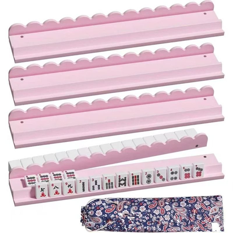 Set of 4 Pink Wooden Mahjong Racks, Scalloped Edge Mahjong Tile Holders with Storage Bag, Portable Mahjong Game