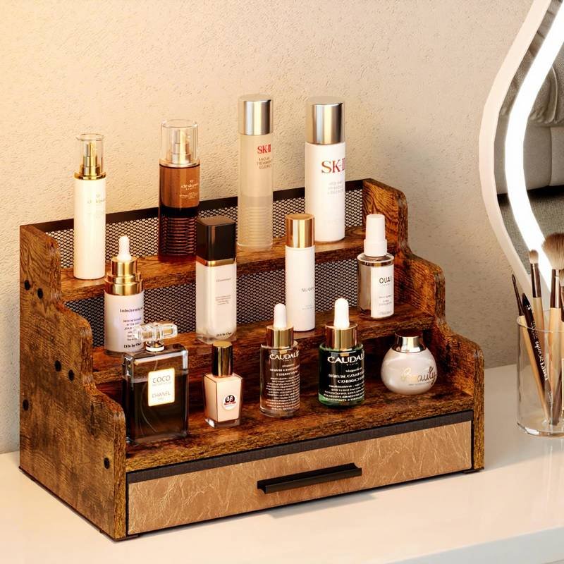 Wooden Three-layer Moisture-proof Perfume Display Stand Home Cologne Skin Care Storage Rack with Watch and Glasses alternate view