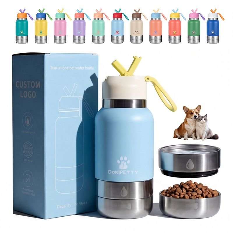 32oz Functional Stainless Steel Dog Water Bottle with Detachable Water and Food Bowls, Portable Pet Feeder for alternate view