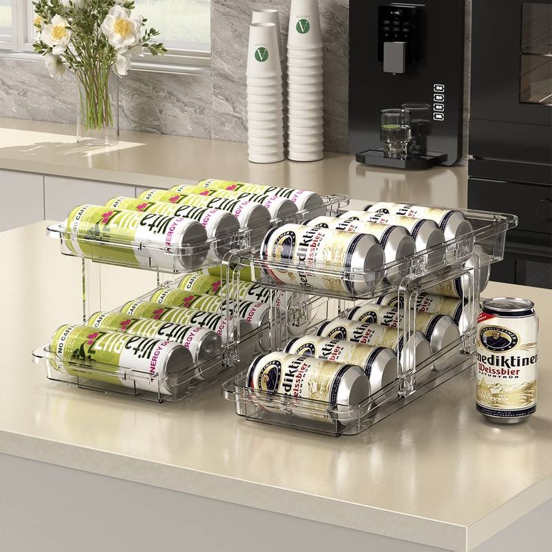 Clear Beverage Dispenser Plastic Drink Organizer Stackable Can Holder Double Rolling Soda Can Dispenser for Pantry