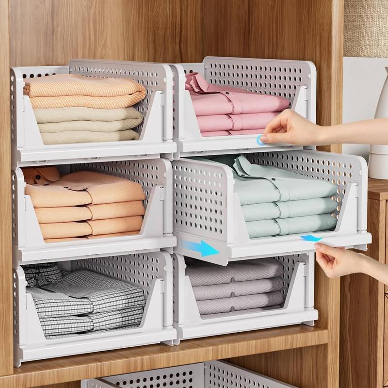 Foldable Stackable Basket Drawer Type Closet Clothes Container Organizer Plastic Wardrobe Storage Bins for Bedroom alternate view